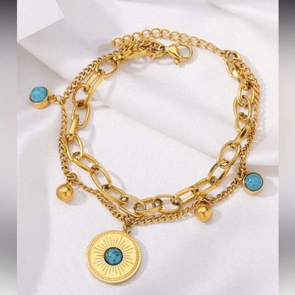 Gold and Turquoise Charm Bracelet A1423 - Picture 2 of 4